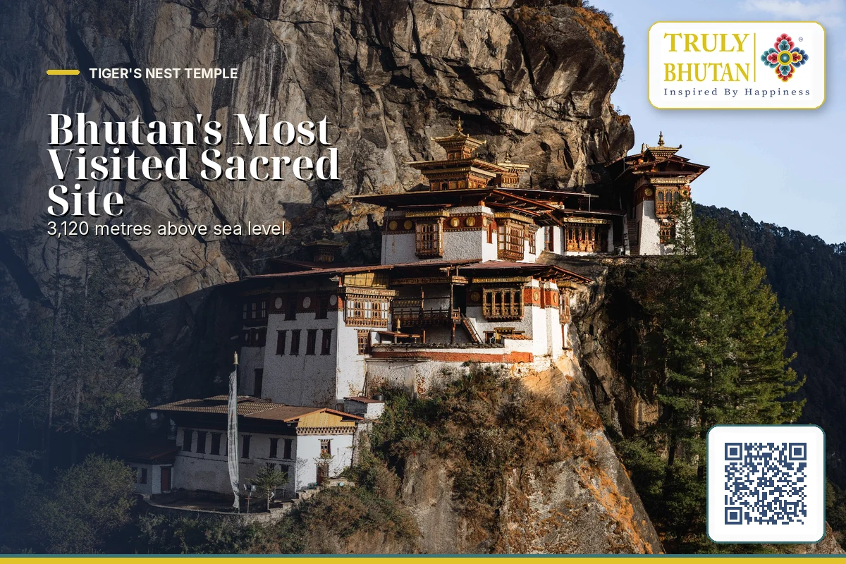 Tiger's Nest Temple Taktshang on the cliff face above Paro Valley, viewed on a Truly Bhutan Travel guided hike