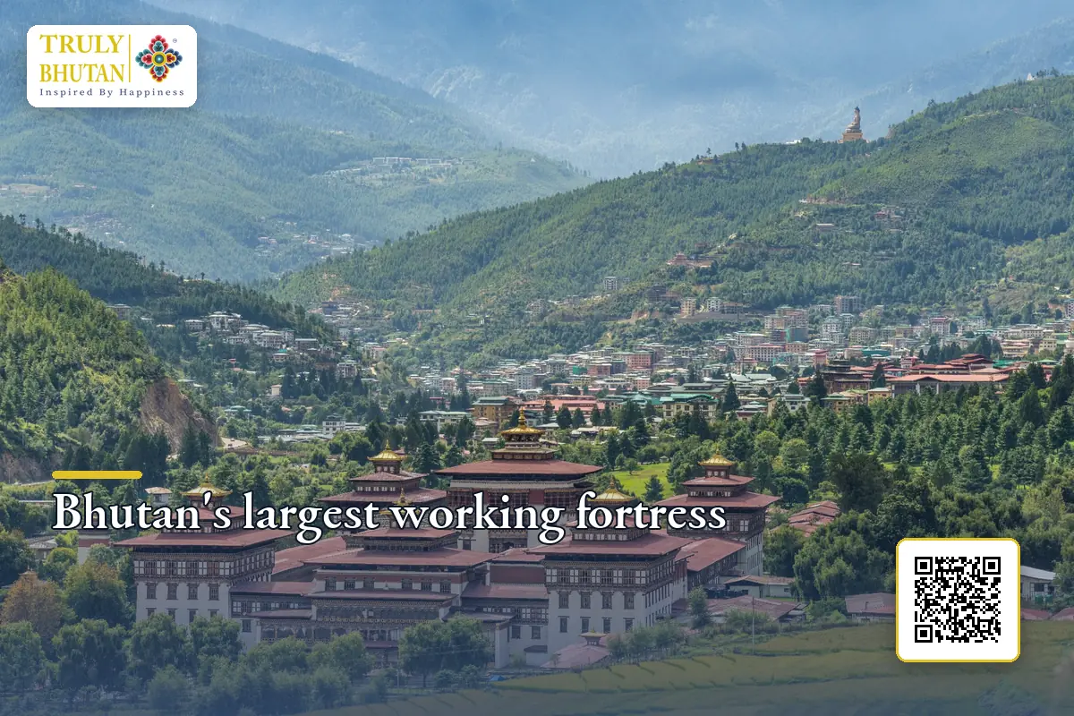 Panoramic view of Tashichho Dzong beside the Wang Chhu in Thimphu